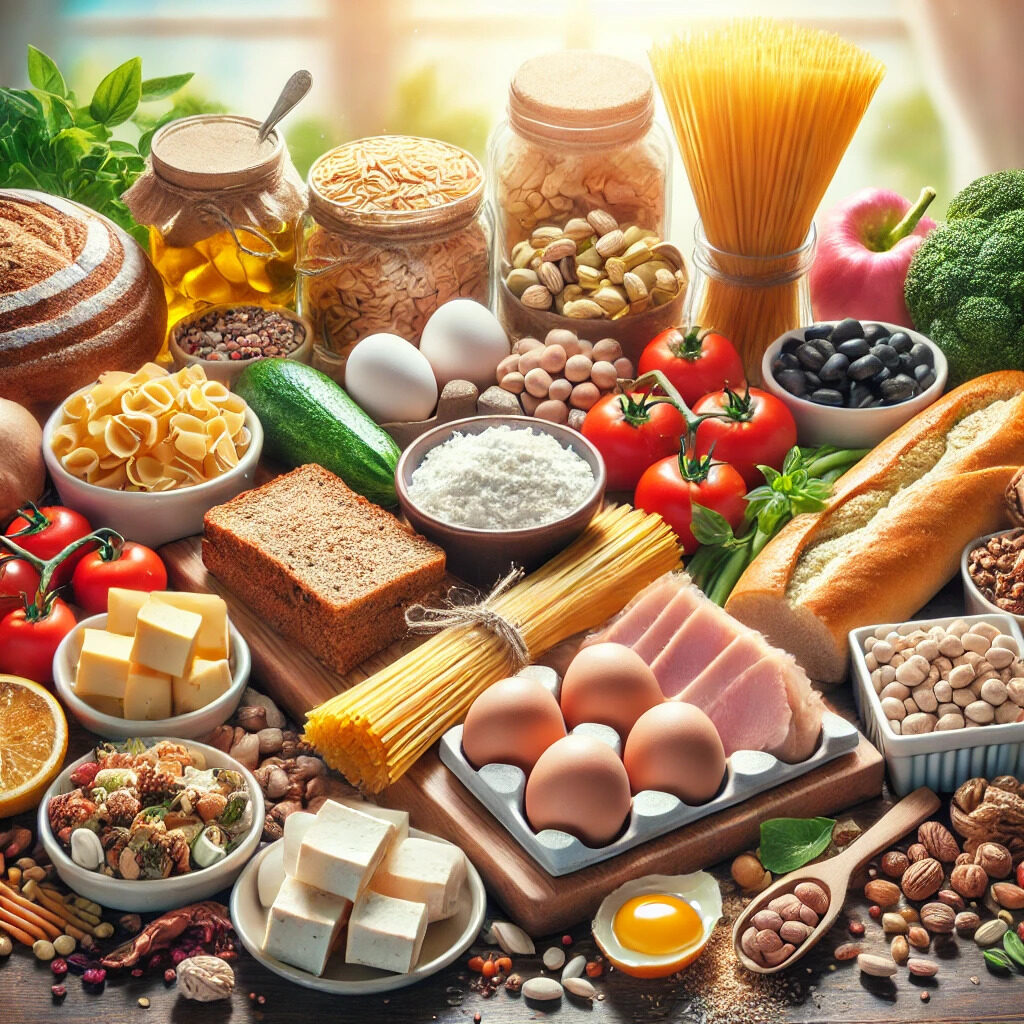 DALL·E 2024 08 29 12.19.26 A depiction of carbohydrates and proteins. For carbohydrates show various foods like bread rice pasta and potatoes arranged on a table in a bright copy