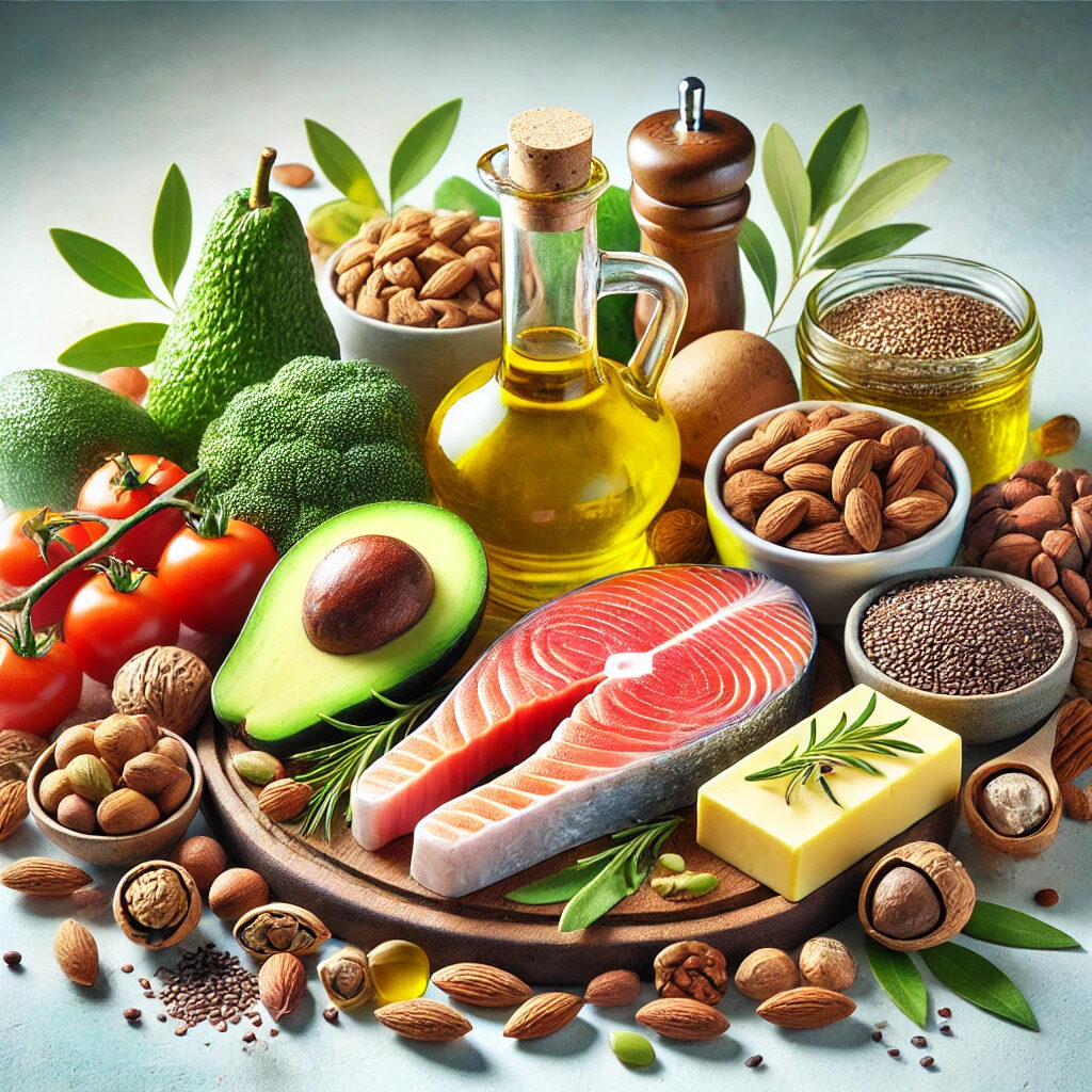 DALL·E 2024 08 29 12.24.37 An image showcasing a variety of healthy fats including both plant based and animal fats. The composition includes vibrant avocados olive oil in a g copy